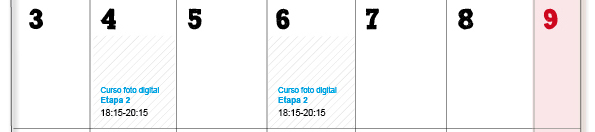 14 Martes Bcn: Curso foto digital; Etapa2 18:15-20:15  link a www.casanovaformacion.com. Jueves 6 Bcn: Curso foto digital- Etapa2: 18:15-20:15 link a www:casanovaformaci&oacute;n.com