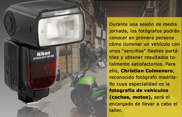 Durante una sesi&oacute;n de media jornada, los fot&oacute;grafos podr&aacute;n conocer en primera persona  c&oacute;mo iluminar un veh&iacute;culo con unos &ldquo;sencillos&rdquo; flashes port&aacute;tiles y obtener resultados totalmente satisfactorios. Para ello, Christian Colmenero, reconocido fot&oacute;grafo madrile&ntilde;o cuya especialidad es la fotograf&iacute;a de veh&iacute;culos (coches, motos), ser&aacute; el encargado de llevar a cabo el taller.